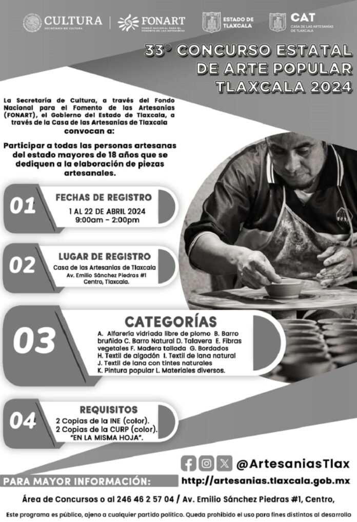 Convocan Casa de las Artesanías al XXXIII Concurso Estatal de Arte Popular Tlaxcala 2024 -AlternativaTlx