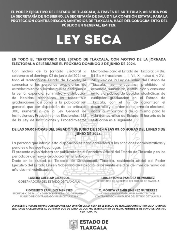 Ley Seca en Tlaxcala Contribuye al Desarrollo Ordenado de la Jornada Electoral del 2 de Junio -AlternativaTlx