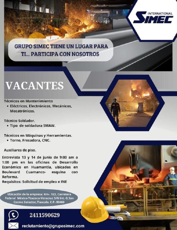 Coordinación de Desarrollo Económico de Huamantla Anuncia Vacantes Disponibles en Empresa SIMEC -AlternativaTlx