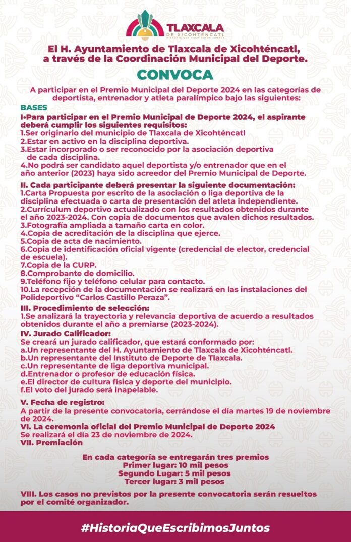 Convoca Ayuntamiento de Tlaxcala de Xicohténcatl a Participar en el Premio Municipal del Deporte 2024 -AlternativaTlx