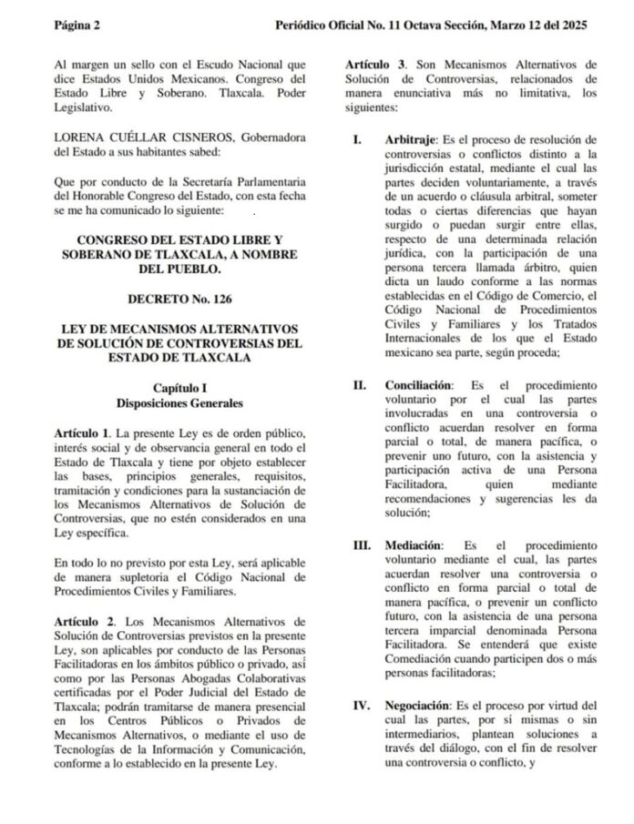 Publica Gobierno Estatal la Ley de Mecanismos Alternativos de Solución de Controversias del Estado de Tlaxcala- AlternativaTlx 
