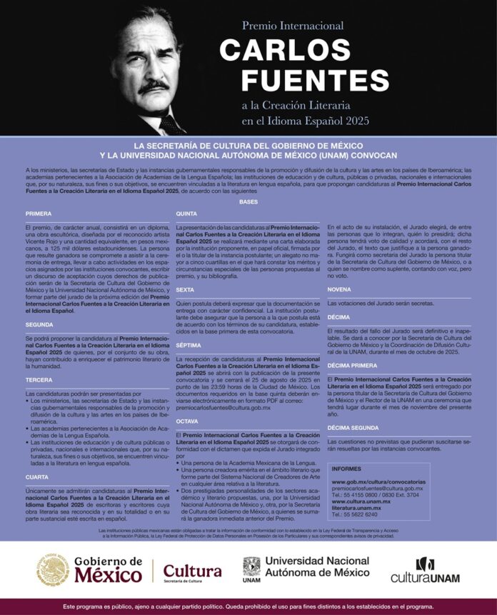Se Anuncia la Convocatoria al Premio Internacional Carlos Fuentes a la Creación Literaria en el Idioma Español 2025 - AlternativaTlx