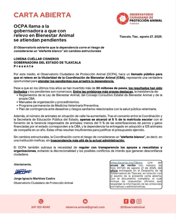 OCPA Llama a la Gobernadora a que con Relevo en Bienestar Animal se Atiendan Pendientes - AlternativaTlx