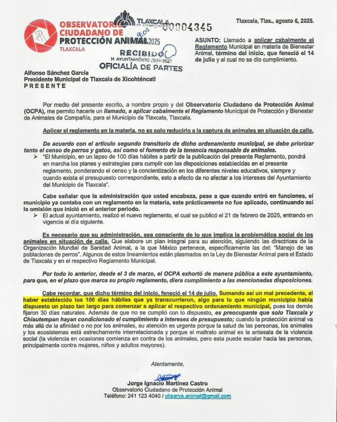OCPA Llama al Municipio de Tlaxcala a Aplicar Cabalmente el Reglamento de Bienestar Animal- AlternativaTlx 