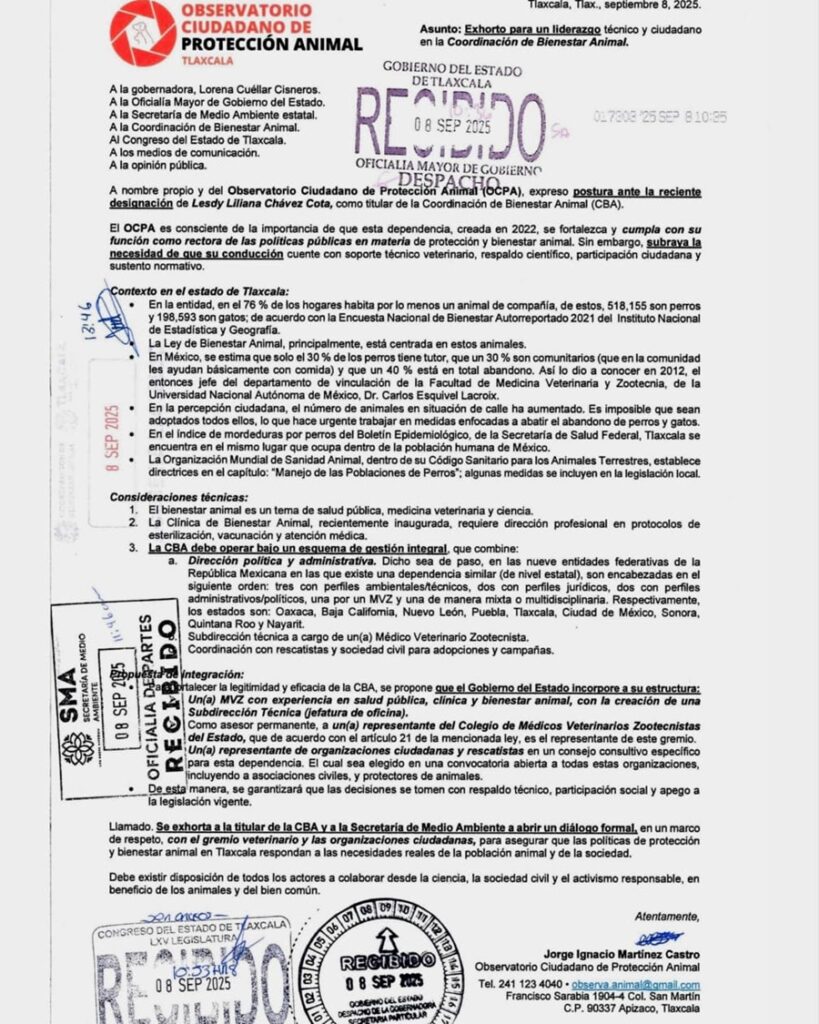 Necesario un Liderazgo Técnico y Ciudadano en la Coordinación de Bienestar Animal: OCPA - AlternativaTlx