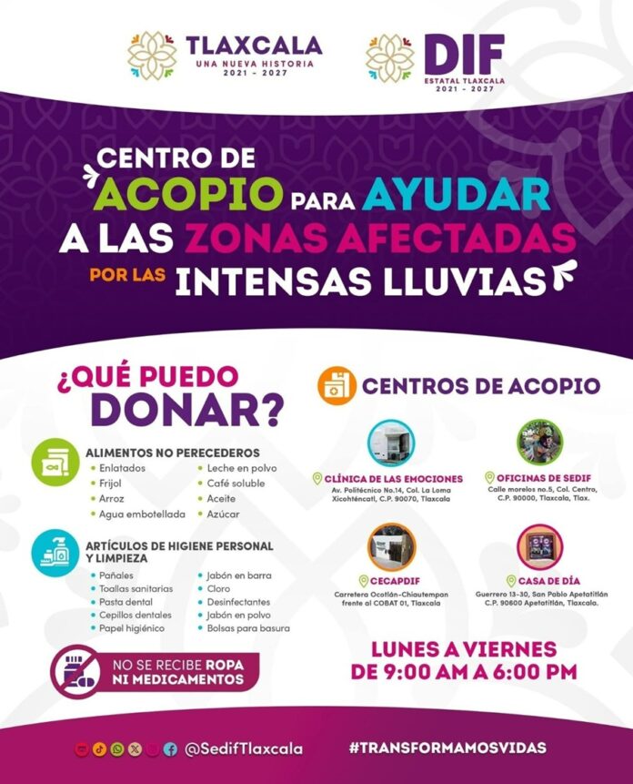 SEDIF Abre Centros de Acopio para Apoyar a Familias Afectadas por las Lluvias en Veracruz, Puebla, Hidalgo y Tlaxcala - AlternativaTlx SEDIF Abre Centros de Acopio para Apoyar a Familias Afectadas por las Lluvias en Veracruz, Puebla, Hidalgo y Tlaxcala - AlternativaTlx