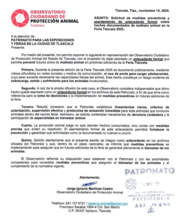 OCPA Entrega Escrito al Patronato para Fortalecer Medidas de Bienestar Animal en Futuras Ediciones de la Feria de Tlaxcala - AlternativaTlx